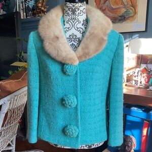 Vintage loomed lambswool suit jacket with mink collar in turquoise
